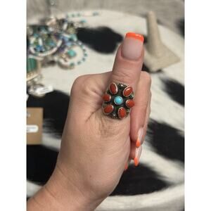 Native Kewa Sterling Silver Coral Turquoise Cluster Ring Denetdale Raymond Coriz